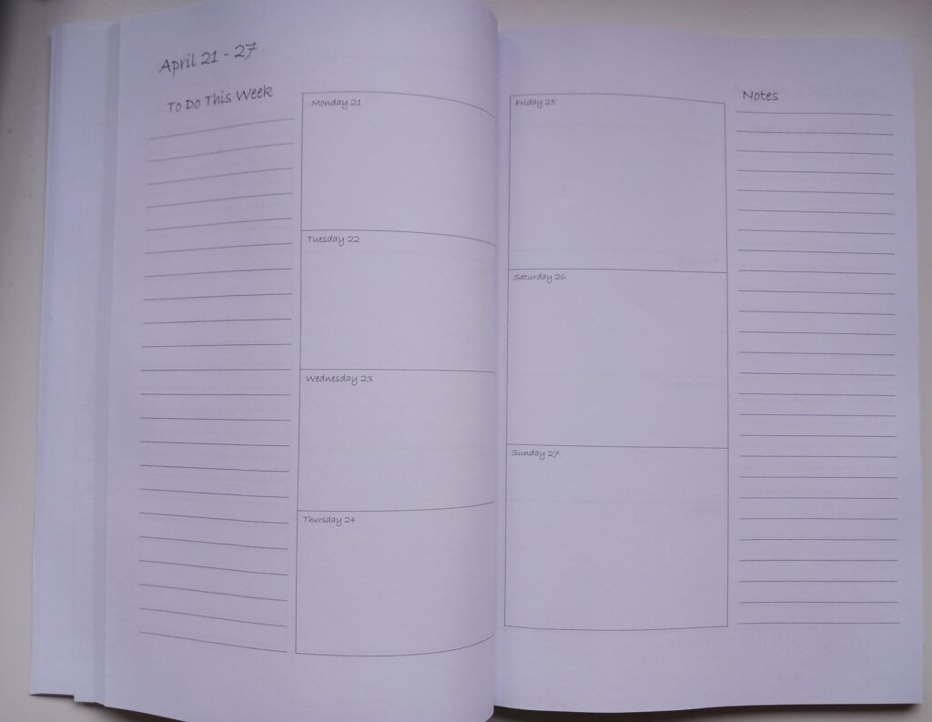 This photo shows a week to view page of the 2025 travel diary