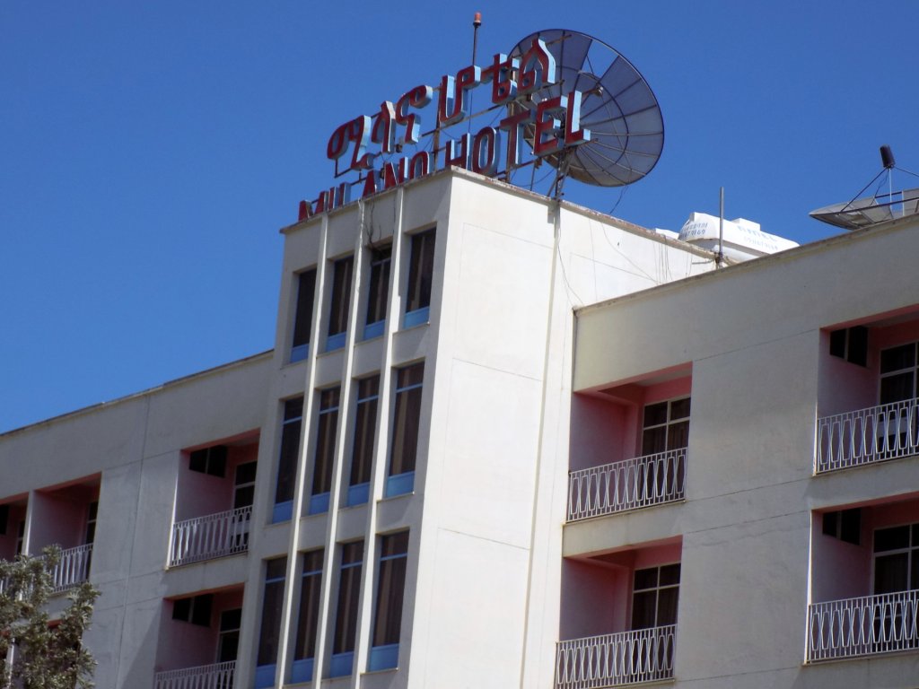 This photo shows the outside of our hotel in Mekele with an enormous satellite dish on its roof